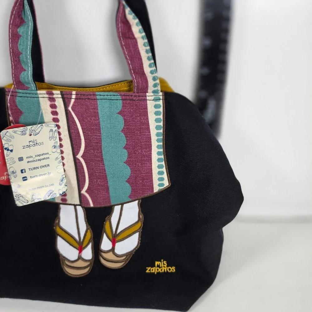Mis Zapatos Japanese Kimono‎ Geta Sandals Canvas Tote Bag Handbag Black NWT